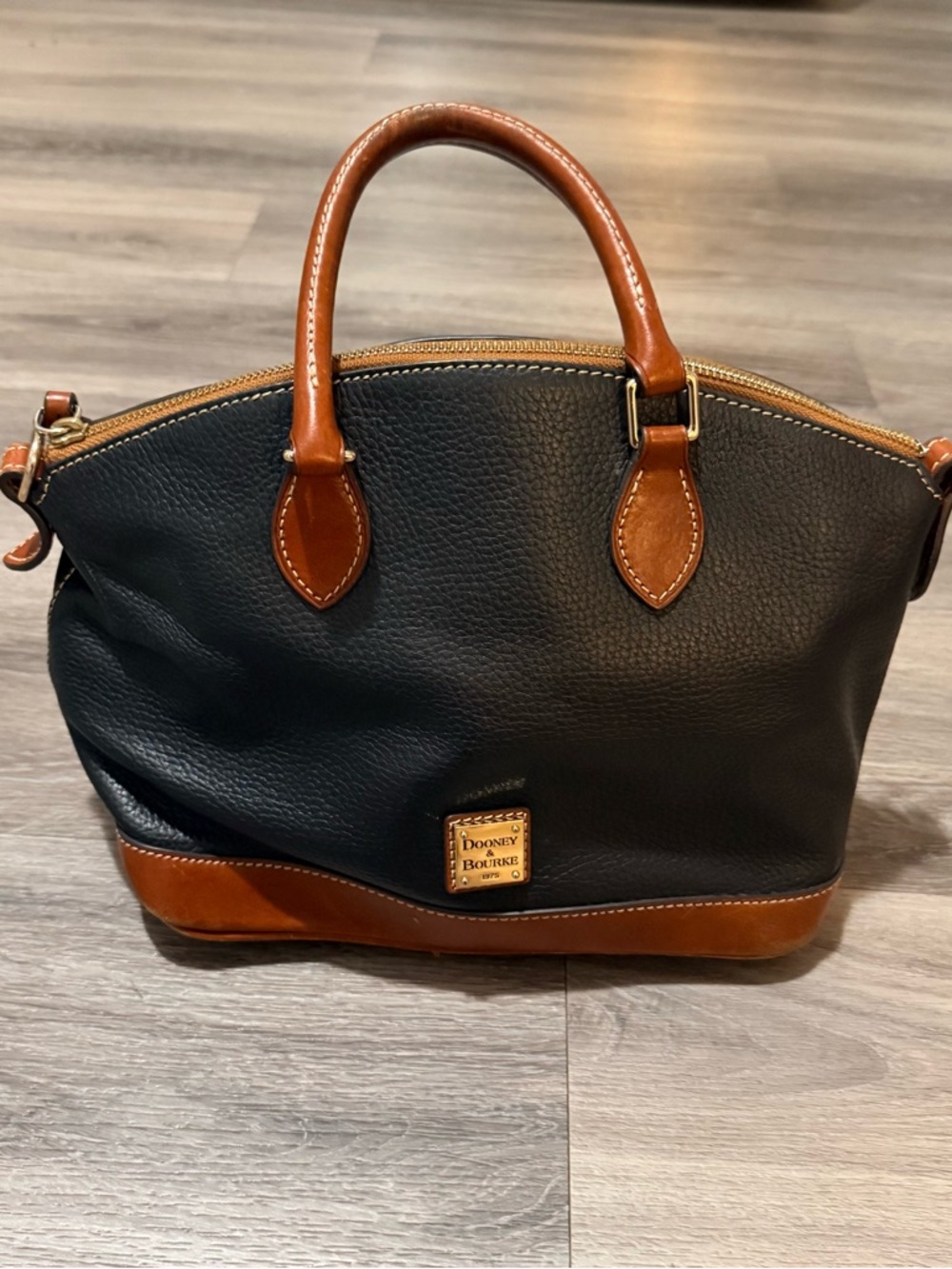 Dooney & Bourke Black Pebbled Leather Satchel with Tan Trim